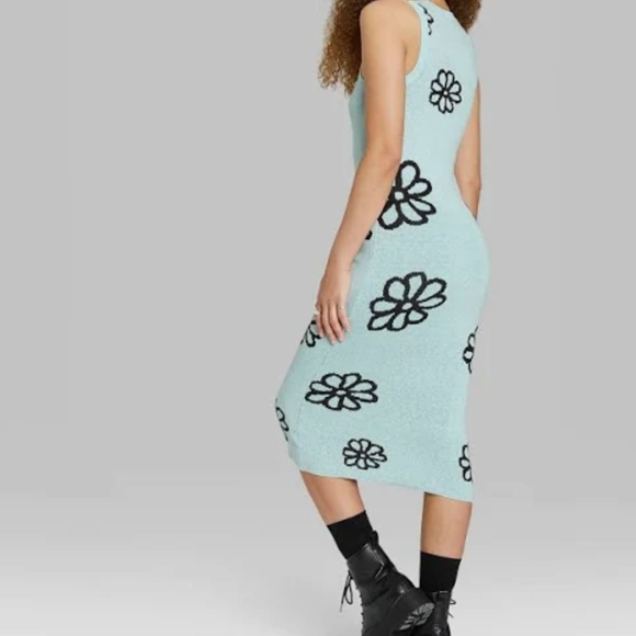 Wild Fable Women's Sleeveless Jacquard Floral Midi Sweater Dress Blue/Green Sz - Picture 2 of 10